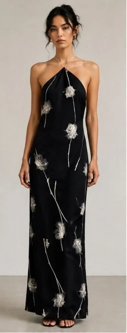 Like Ghosts Vintage Black Rose Print Halter Maxi Dress Slip Dress Small